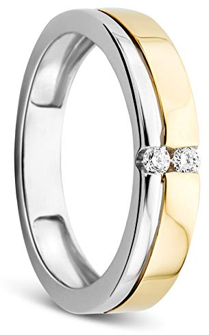 Orovi Damen Ring Bicolor Gelbgold und Weißgold 0.06 Ct Diamant Verlobunsring Ehering Trauring 14 Karat (585) Gold und Diamanten Brillanten