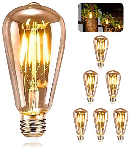 ASANMU Retro LED Glühbirne E27, Edison Vintage LED Edison Glühbirne ST64 4W Antike Glühbirne Dekorative Lampe Ideal für Retro Beleuchtung im Haus Café Bar Restaurant Hochzeit Weihnachten Deko, 6 Stück