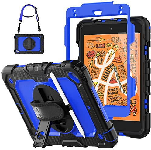 SEYMCY Case for iPad mini 5/4 (7.9-Inch 2019/2015 Model), Full-body Shockproof with Screen Protector, 360° Rotating Hand Strap & Stand, Pencil Holder, Shoulder Strap for iPad mini 5th/4th Gen, Blue