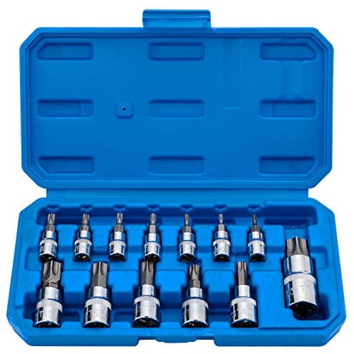 Torx Bit Socket Set 13pcs 3/8 Dr. T8 - T70 E Star Premium S2 Alloy Steel Cr-V Steel Star Socket Torx Bits Metric 1/4, 3/8 and 1/2-Inch Drive