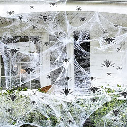 FHzytg Halloween Deko Outdoor Falsches Spinnennetz, Helloween Dekoartikel Spinnweben Outdoor Hhalloween Deko Garten Spinnennetz Halloween Deko Set mit 100G Spinnennetze und 20 Stück Spinnen