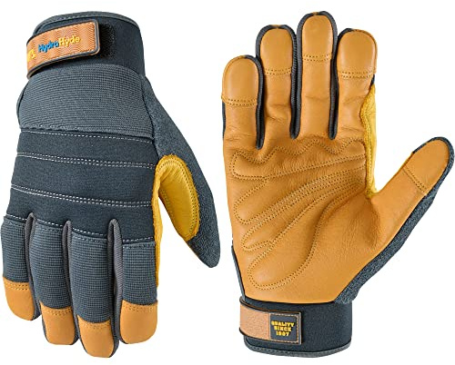 Wells Lamont Men's HydraHyde Work Gloves – Cowhide Leather, Reinforced Fingertips for Durability – Adjustable Velcro Wrist – Ideal for Gardening, Landscaping, Lawn Care – Navy - L