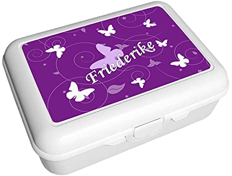CreaDesign, Kinder Brotdose, Lunchbox, Vesperbox weiß mit Fächern Einsatz, ideal für Kita, Kindergarten und Schule, Schmetterling Ornamente lila, 13,9 x 19 x 7 cm, Volumen 1 Liter