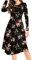 YUNDAI Women Summer Midi Dress Long Sleeve Ladies Dress Crew Neck Floral Plain Beach Party Dresses with Pocket
