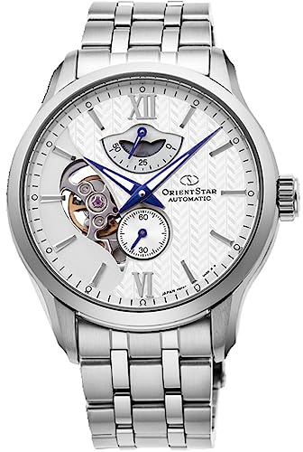 Orient Star Herren-Armbanduhr, automatisch, offenes Herz, silberfarbenes Zifferblatt, RE-AV0B01S00B, Armband