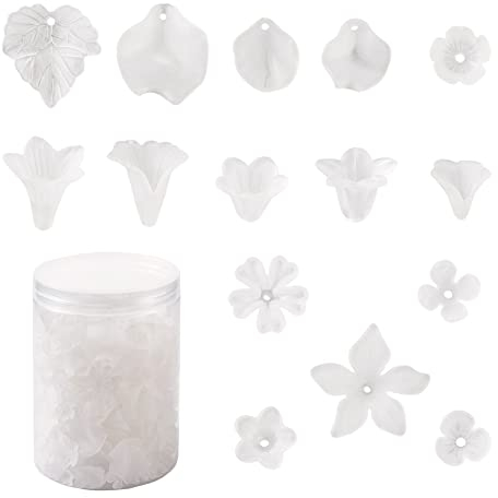 Craftdady 450 Stück 15 Stile weiße Blumen-Perlenkappen Blatt-Anhänger Floral Tulpe Matte Acryl Perlenkappe zum Basteln von Schmuckherstellung