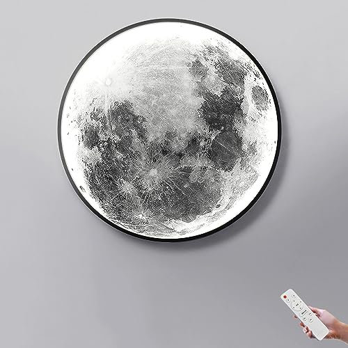 Wandleuchte Mond LED Dimmbar Kinderzimmer Wandlampe mit Fernbedienung, Rund Mond Lampe-3D Design Nachttischlampe, 3000K-6000K, Innen Dekorieren Decke Wandlicht für Schlafzimmer Wohnzimmer,37w/60cm