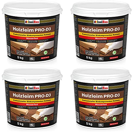 Isolbau Holzleim PRO-D3-4 x 5 kg Eimer Extra starker Holzkleber für alle Holzarten, für Innen & Außen, Wasserfest, Lösemittelfrei