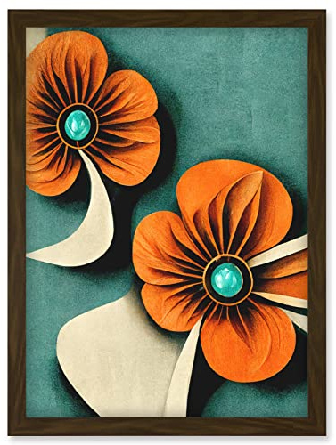 Doppelganger33 LTD Abstract Papercut Orange And Cream Flowers On Teal Artwork Framed Wall Art Print A4