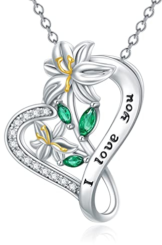 SLIACETE Lilien Halskette für Frauen Mädchen 925 Sterling Silber Lilienblume und Herz Zierliche Anhänger Kette Mai Geburtsblume Lilienblume Schmuck Geschenke