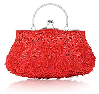 CORIOS Borsetta da Sera Donna Pochette con Perline Glitterate e Perline con Paillettes Borsa a Spalla Elegante Borse Messenger Retro Borsa a Tracolla Cocktail Festa Cerimonia Ballo Clutch Rosso