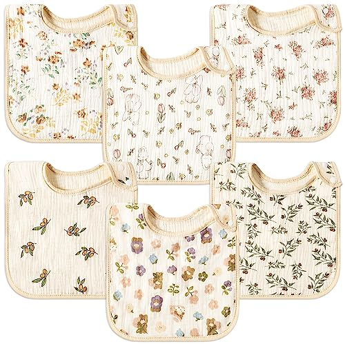 GROBRO7 6Pcs Baby Baumwolle Gaze Lätzchen, Blumen Pflanzen Stillen Zahnen Lätzchen, Muslin saugfähige Lätzchen einstellbar Snap Burp Tücher weich Set für Neugeborene Kleinkinder (0-36 Monate)