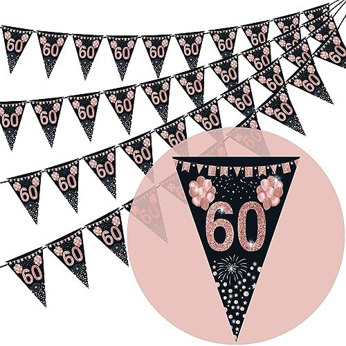 60th birthday bunting, Happy Banner Bunting Flags, 40 Pieces Triangle Rose Gold Glitter Diamond by Numbers 60th Birthday Anniversary Theme Party Decoration Supplies