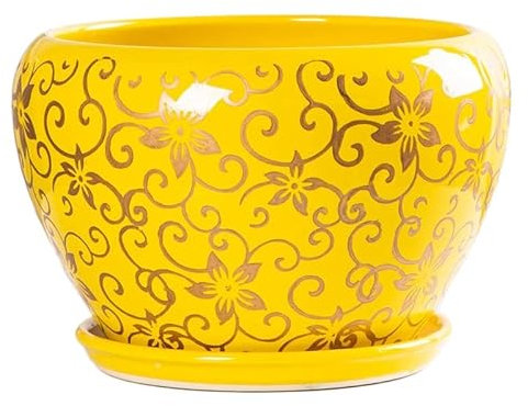 Ceramic Planter Pots Yellow Glaze Indoor Outdoor Round Decorative Ceramic Planter Home Decoration Glazed Ceramic Flower Pots With Drainage Hole For Flower Plants (Plants NOT Included) beautiful
