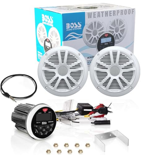 KIT SET PER BOSS AUDIO SYSTEMS MCKGB350W.6 1 kit marino con ricevitore AM/FM bluetooth waterproof, una coppia di altoparlanti MR6W da 16,5 cm 6,5 90 watt rms 180 watt max e una dipole antenna, 1 kit