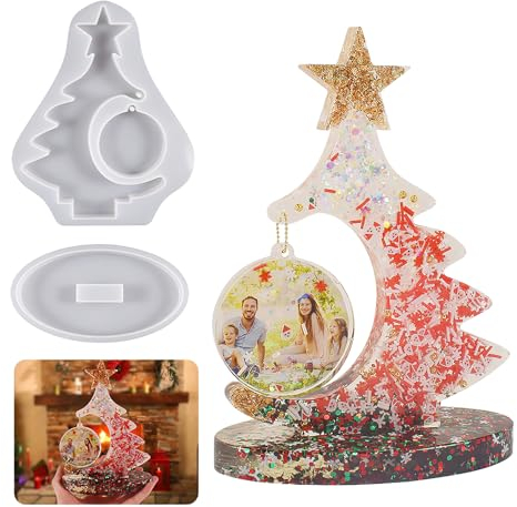 TNSLAND Grands moules en résine époxy pour sapin de Noël - Moule en silicone - Cadre photo en résine époxy - Décoration de Noël - Cadre photo avec pendentifs ronds - Moule en résine - Décoration de