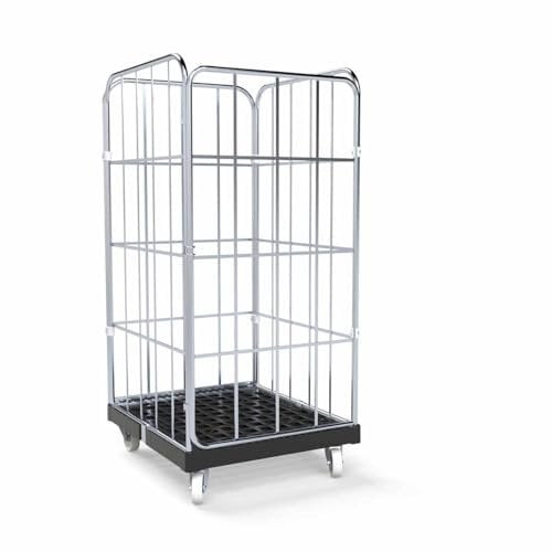 Abrollwerk Rollbehälter 1650 mm Nutzhöhe, Kunstoffplatte schwarz, 4-seitig, Vorderwand Tür, Maße 724 x 815 mm – robuster Gitterwagen Typ Cr3-verzinkt für Garage, Lager, Transport und Logistik
