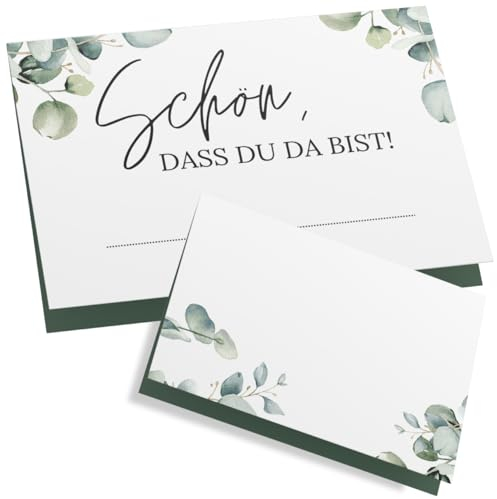 ZETTMANN® 50er Premium Tischkarten Hochzeit Schön dass du da bist 85x55mm I Tischkarten Geburtstag I Platzkarten I sehr gut beschreibbar (eukalyptus - liebe)