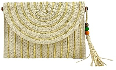 MODELISA - Bolso Cartera Sobre Rafia Paja De Mano Y Hombro Primavera Verano Borla Mujer (Beige/Dorado)
