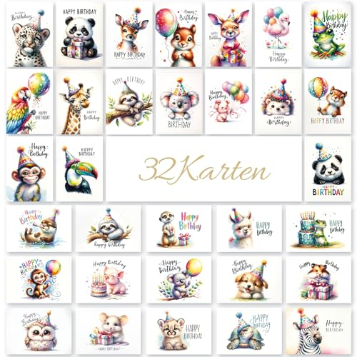 E&G Klasse 32 Geburtstagskarte Glückwunschkarten Postkarten Set mit 32 verschiedenen Geburtstagskarten hochwertig Süßen Tieren mit Happy Birthday Postkarte zum Geburtstag bedruckt