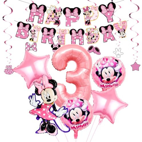 Geburtstagsdeko Mädchen 3 Jahre, Rosa Mouse Party Supplies, Luftballons und Ballon Banner für Kinder Party Dekoration