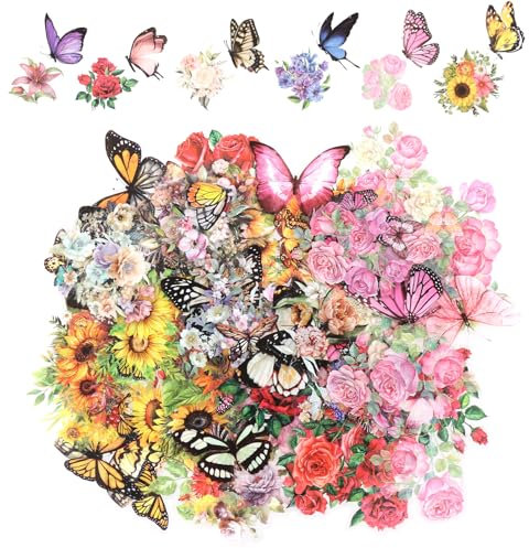 300 Pcs Transparent Flower and Butterfly Stickers Clear Butterflies Floral Decals Vintage Vinyl Pressed Flower Stickers Aesthetic Plant Journaling Scrapbook Stickers for Bullet Junk Journal Craft