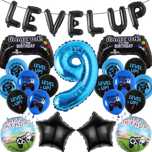 9th Blue Level Up Game Birthday Decoration - 32 Piece Boys Gaming Decoration Set With Controller, Star, Foil Balloons