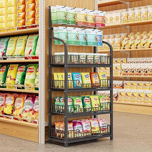 Snack-Regal im Supermarkt Kommerziell Verkaufsständer für den Einzelhandel 4 Etagen, Metall Supermarkt-Snack-Regal für Zuhause Vorratskammer Speichert Theater, Chipstüten-Organisatormit Geländer(Black