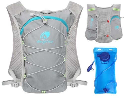 Outplea Ultraleicht Laufweste mit Trinkflasche 2L, Trinkrucksack Laufen für Damen Herren, Reflektierende Fahrradrucksack für Wandern Trailrunning Radfahren Joggen, Hellgrau