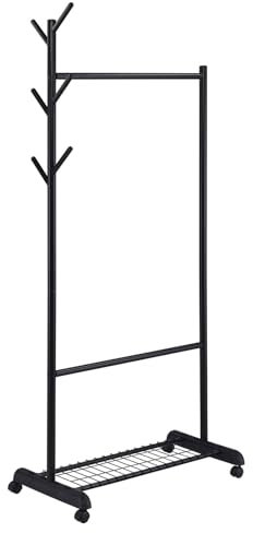 IDIMEX Kleiderständer AURIGO schwarz - Garderobenwagen mit Kleiderstange und Kleiderhaken, Ablagefläche für Schuhe, Rollgarderobe, Garderobenständer
