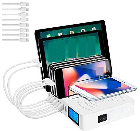 Stazione di ricarica USB, Caricatore multi USB Caricabatterie rapido senza fili con display LCD Stazione di ricarica a 8 porte for tablet smartphone Smartphone Per smartphone, tablet e altro ancora(Wh