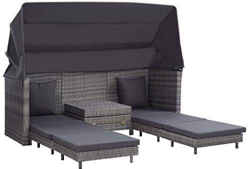 HETFTJN Wohnzimmer Sofa Gartenstühle Big Sofa Couch Klein - Ausziehbares 3-Sitzer-Schlafsofa mit Dach Poly Rattan Grau für Speisesaal Schwimmbad Garten Terrasse
