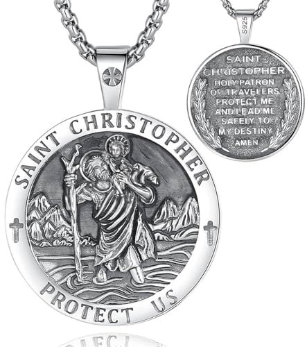 EUDORA Harmony Ball Collar San Cristóbal Medalla San Cristóbal Plata de Ley 925 para Mujer Hombre, Colgante San Cristóbal Amuleto Cristiano Joyería Religioso Regalo para Padre Madre, 22+2