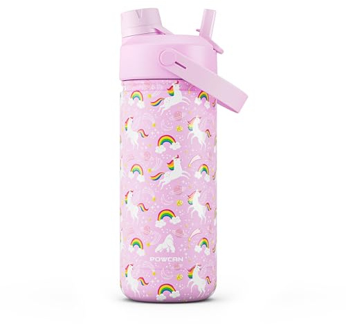 POWCAN Insulated Water Bottle with 2-in-1 Straw and Spout Lid, Keep Cold 24H, Leak-Proof, Fits in Car Cup Holder, Stainless Steel Water Bottle for Sports, School, 532 ml, Rainbow Unicorn