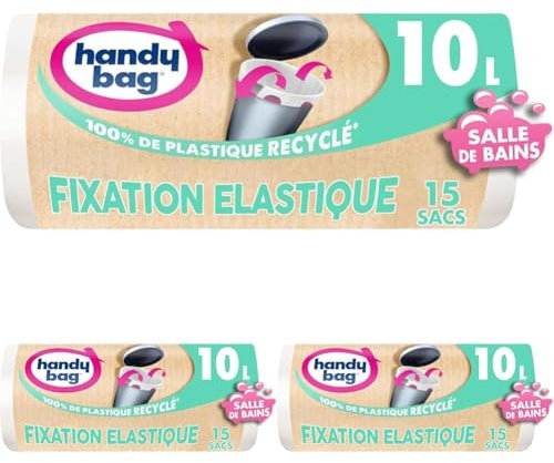 Handy Bag - Sacs poubelle salle de bains à fixation élastique 10L x 15 sacs - Spécial petites poubelles - Maintient le sac en place - Étanchéité maximale - Fond anti-fuite - 100% plastique recyclé