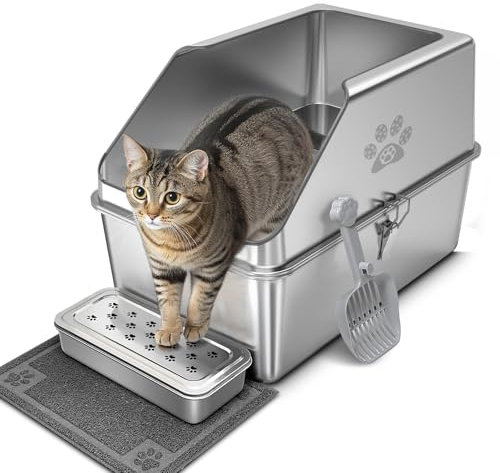 PTLOM Katzentoilette aus Edelstahl mit 30cm hohem Rand, große Katzentoilette aus Metall, verhindert Urinverlust, rutschfest und geruchsneutral, Reinigungswerkzeug mit schmaler Öffnung 49.5x34.5x30cm