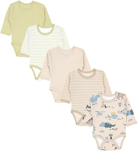 TupTam Baby Body Langarm – Weicher Body Baby 5er Pack aus Baumwolle, Unifarben, OEKO-TEX Zertifiziert, Farbe: Dino Salbei Grün Streifen Light Beige, Größe: 104