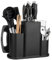 4-in-1 Universal Knife Block Without Knives, Unequipped Knife Blocks, Square Knife Holder, Knife Block with Utensil Compartments & Drain Holes, Knife Block Holder, Knife Storage Stand (Black)
