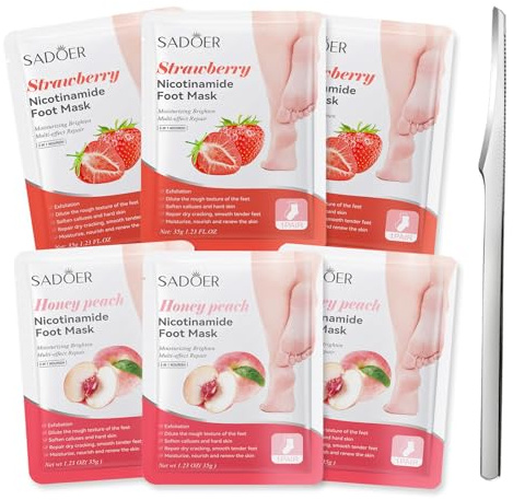 6 Paar Fußmaske, Hornhaut Socken,Feuchtigkeitsspendende Fussmaske,Fußpflege für Trockene Rissige Füße,Fusspflege Foot Peel Mask mit Pediküre Ausrüstung für Männer Frauen,Erdbeer + Pfirsich