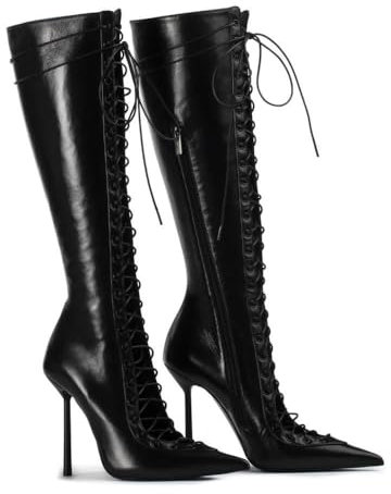 SYJYM - Stivali alti al ginocchio da donna, con lacci, tacco alto a stiletto, a punta, in denim, larghi, sopra il ginocchio, Nero , 41 EU