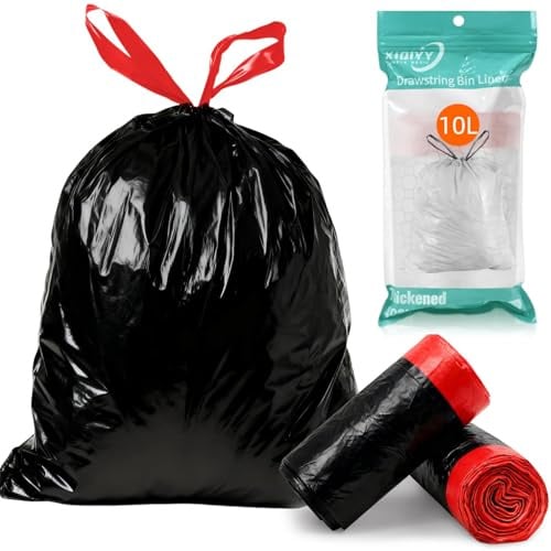 XIQIYY 10L Bin Liners with Drawstring – Small Black Food Waste Bags with Tie Handles, Strong & Leakproof Bin Bags for Kitchen, Bathroom & Office(Size 10-15 Litre, 30 Counts)
