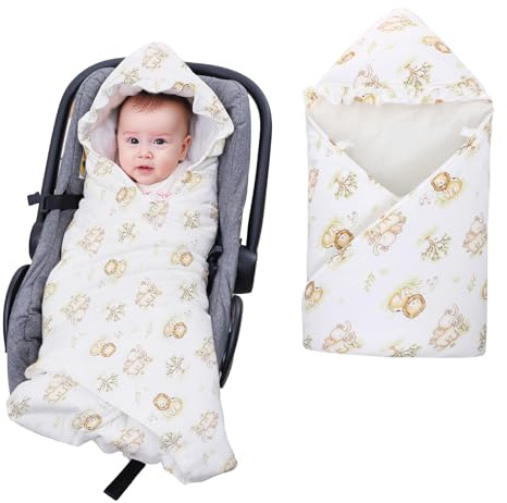 LAT Einschlagdecke für Babyschale, 90 * 90CM Universal Babydecke für Neugeborene, Kuscheldecke mit Kapuze Babydecke für Kinderwagen Buggy Autositz (Löwe)