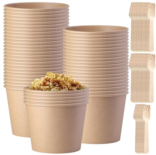 50 tazze da zuppa to go da 240 ml, in carta kraft con 50 forchetta, in cartone marrone, rotonde, compostabili, per zuppe, insalate, dessert, antipasti, finger food