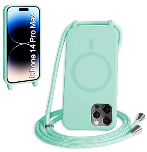 FMPCUON Magnética Funda con Cuerda para iPhone 14 Pro MAX Compatible con Magsafe,TPU Antigolpes Protectora Silicona Case Carcasa con Ajustable Cordon Colgante Cadena,Verde Menta