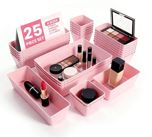 ZHABAYEN 25pcs Pink Drawer Organiser Set, 4-Size Makeup Organizer Trays for Vanity and Bathroom, Drawer Dividers for Cosmetic, Jewelry, Gadgets, Office