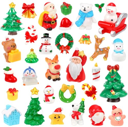 50 PCS Christmas Mini Resin Ornaments, Small Christmas Miniatures Figures | Snowman, Santa Claus, Garland,Miniature Christmas Tree for Xmas Garden Tiny Landscape Dollhouse DIY Craft Decor
