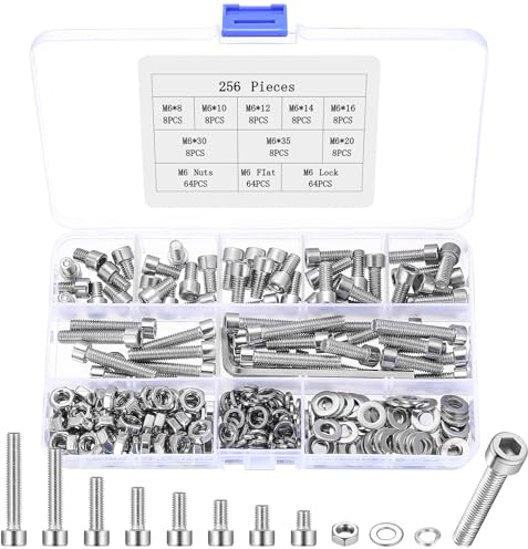 256 pièces M6 Ensemble de vis, ensemble de vis hexagonales en acier inoxydable avec écrous, vis cylindriques à six pans avec écrous et rondelles, assortiment de vis à tête cylindrique pour machines