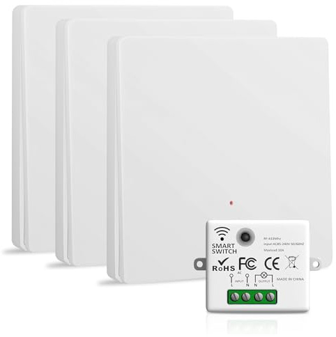 Funkschalter Funk-Lichtschalter Set, Funkschalter mit Wand Schalter, Funk Schalter und Funk-Empfänger 2200W/10A, Intelligent Switch 2.4G Funkschalter 230V 3+1