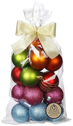DecoLite Christbaumkugeln Kunststoff, 6 cm, 16er Set, Mille Fiori | Weihnachtskugeln aus recyceltem PVC, bruchsicher, matt, glänzend & glitzernd, für Baum, Kranz & Tischdeko