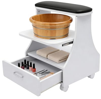Mqwdxzfes Maniküre Pediküre Wagen mit Rollen, Pediküre Hocker mit Polster & Schublade, Fußstütze Stuhl, Rollbarer Schönheitssalon Salonwagen für Pediküre Massage (Verbreiterte Version 52 cm)